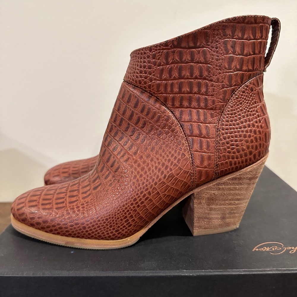 Rachel Comey stamped mahogany leather ankle boot with wood heel